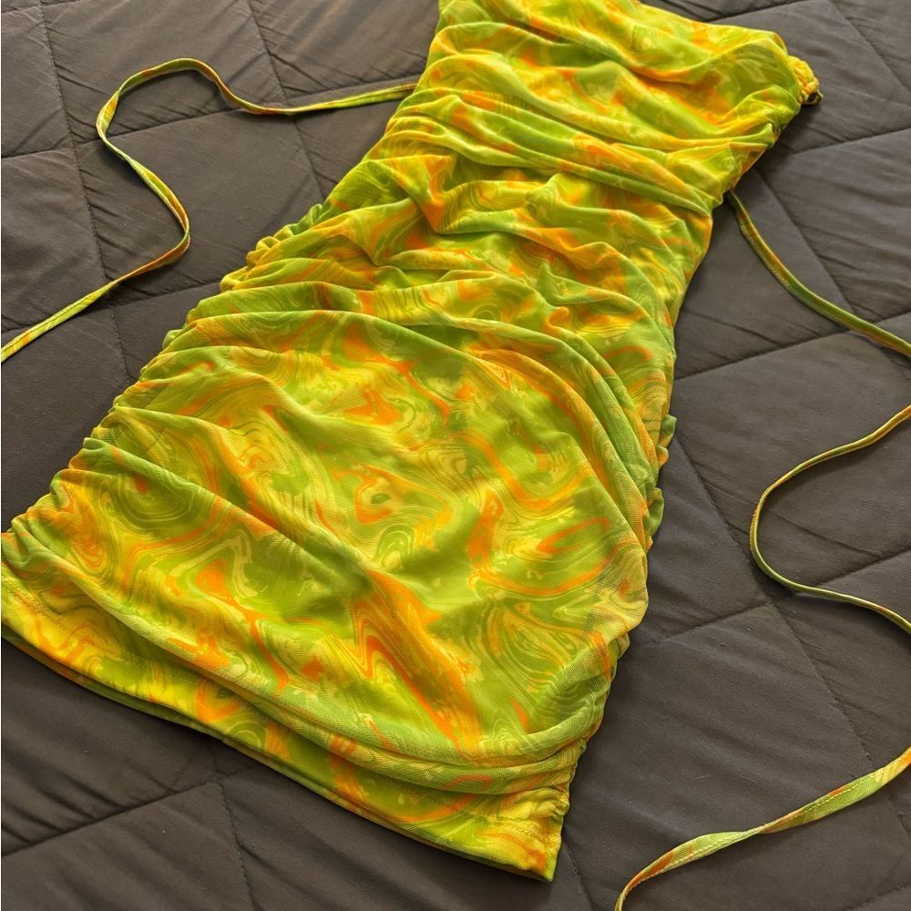 Vibrant Green and Orange Ruched Dress Allover Print Lace Up Backless - Picture 11 of 13